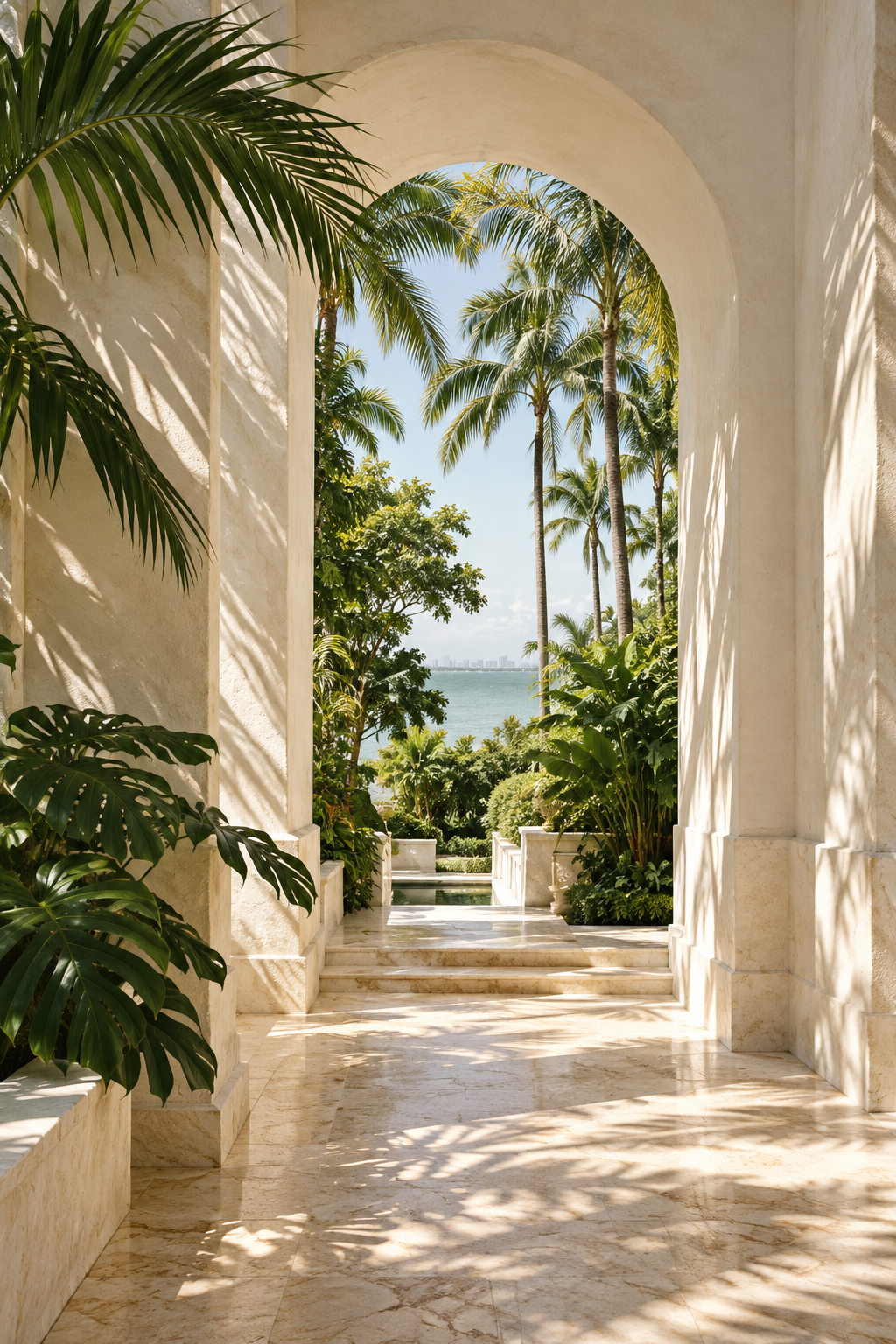 Sunlit archway, tropical palms and tranquil Miami-inspired waterfront